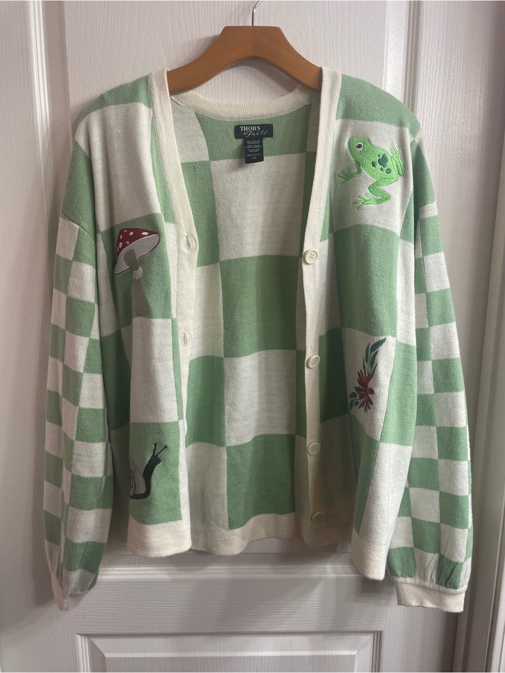 Thorn and Fable Womens Large Green Checkered Frog and Snail Cardigan Cottagecore